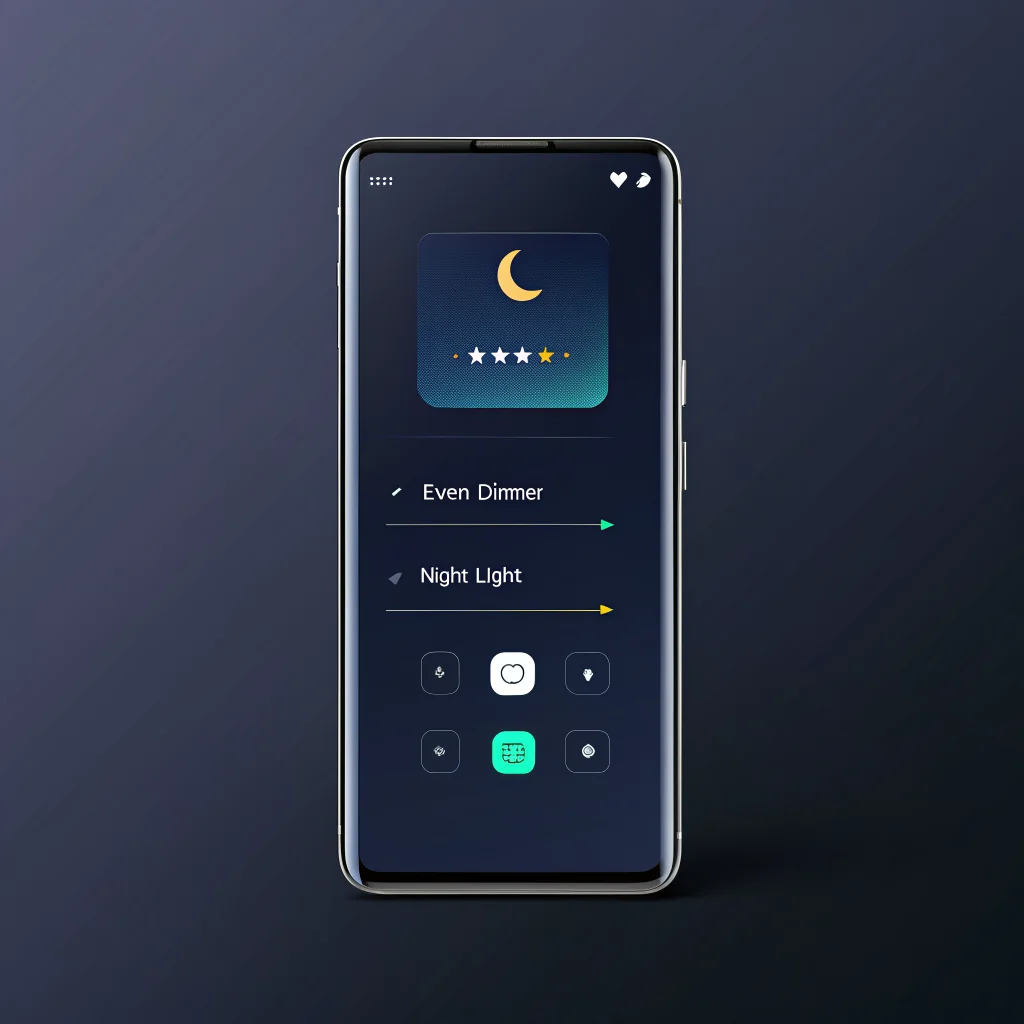 A Pixel 10 Pro smartphone displaying the adaptive brightness settings with Even Dimmer and Night Light features enabled in a dark theme interface.
