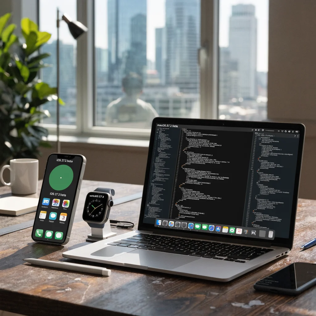 A developer's workspace displaying an iPhone 17 and Apple Watch Series 11 running iOS 27.2 and watchOS 27.2 beta versions next to a MacBook with macOS 27.2 beta.