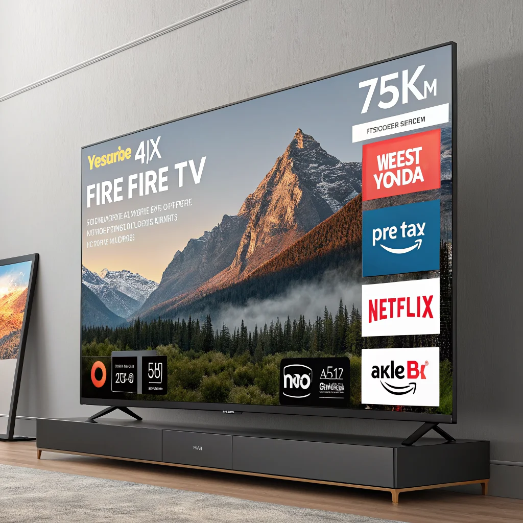 A realistic photo of a 75-inch Toshiba 4K QLED Fire TV with Alexa, showcasing Dolby Vision Atmos, multiple HDMI ports, and Best Buy promotional tags.