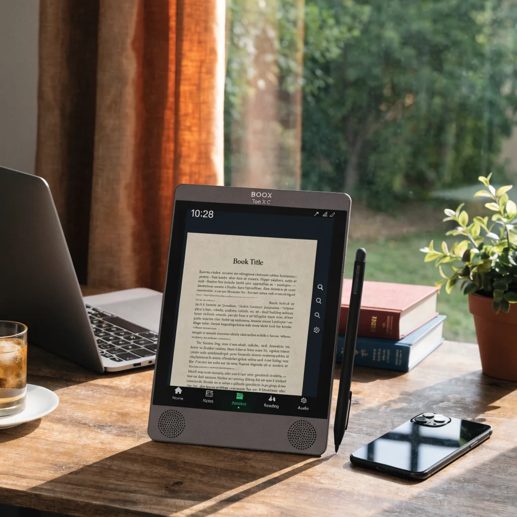 A realistic photo of a Boox Tab X C eReader notebook hybrid device showcasing its multifunctional features on a wooden desk with a laptop and smartphone nearby.