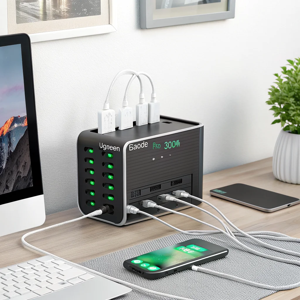 A realistic photo of the UGREEN Nexode Pro 300W charging station showing six USB-C ports, USB-A port, cable management, and a digital time display on a desk.
