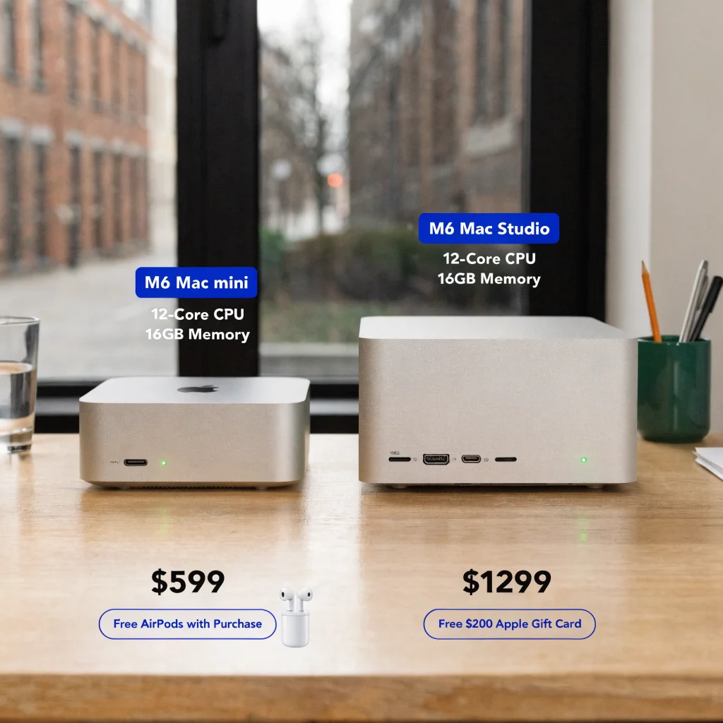 A realistic photo of the 2026 M6 Mac mini and Mac Studio side by side with price tags and promotional offers visible, highlighting their new 12-core CPU and 16GB memory.