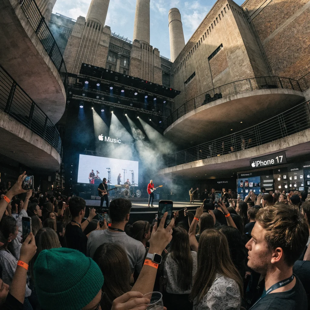 A realistic photo of Apple Music Hall at Battersea Power Station in London hosting a live concert with Apple branding and modern technology like iPhone 17 and Apple Watch Series 11 visible.