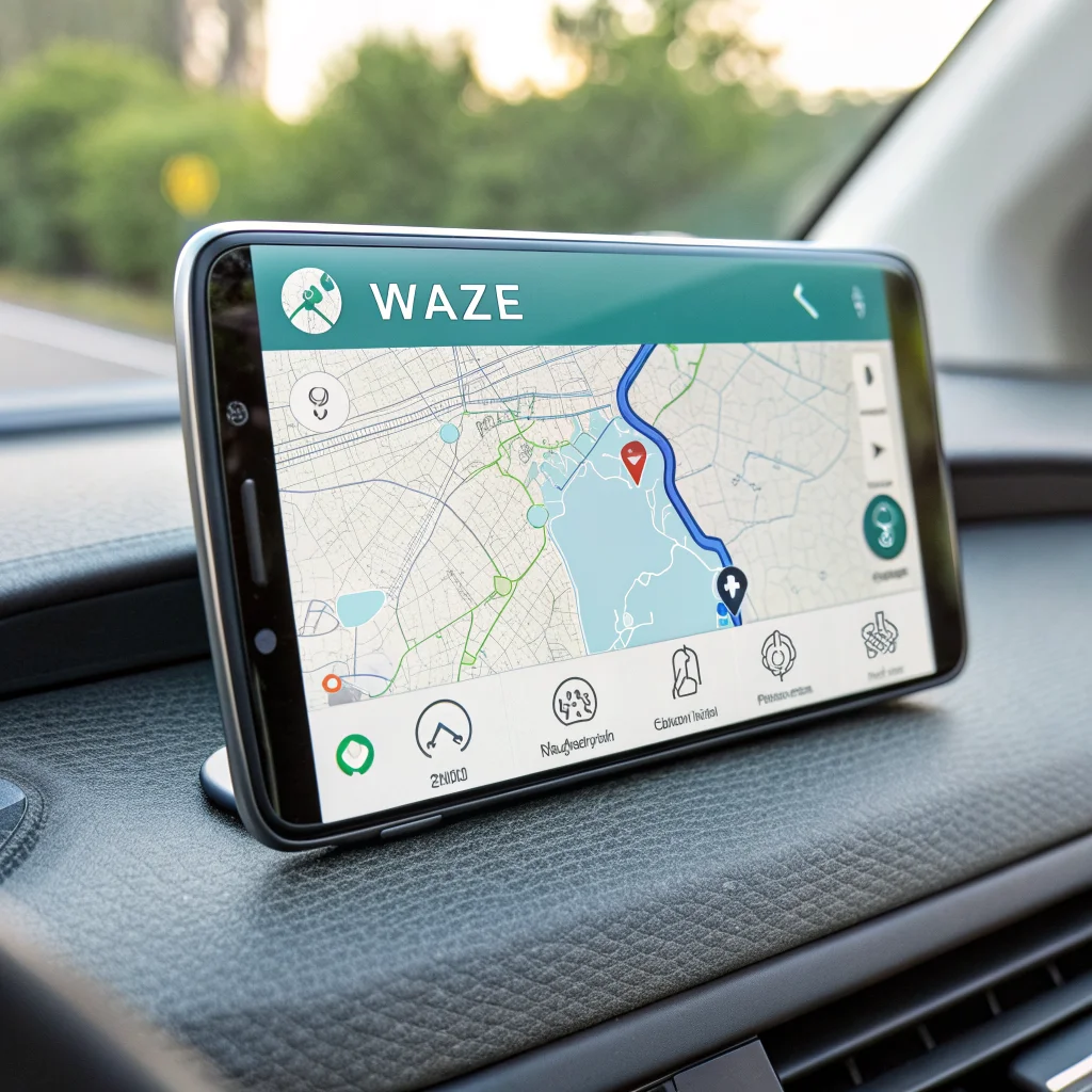 A realistic photo of an Android Auto interface showing Waze navigation with traffic updates and route planning on an Android device.