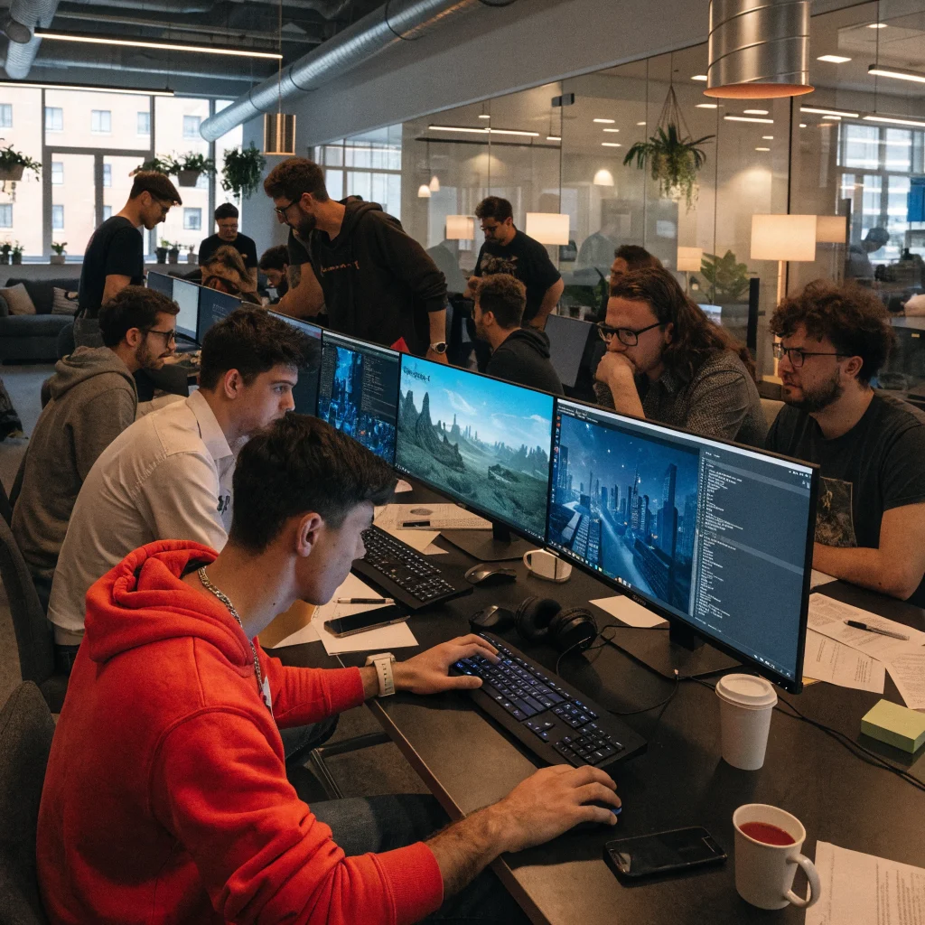 A development team working on open-world multiplayer games including The Witcher 4 and Cyberpunk 2 in a modern game studio.