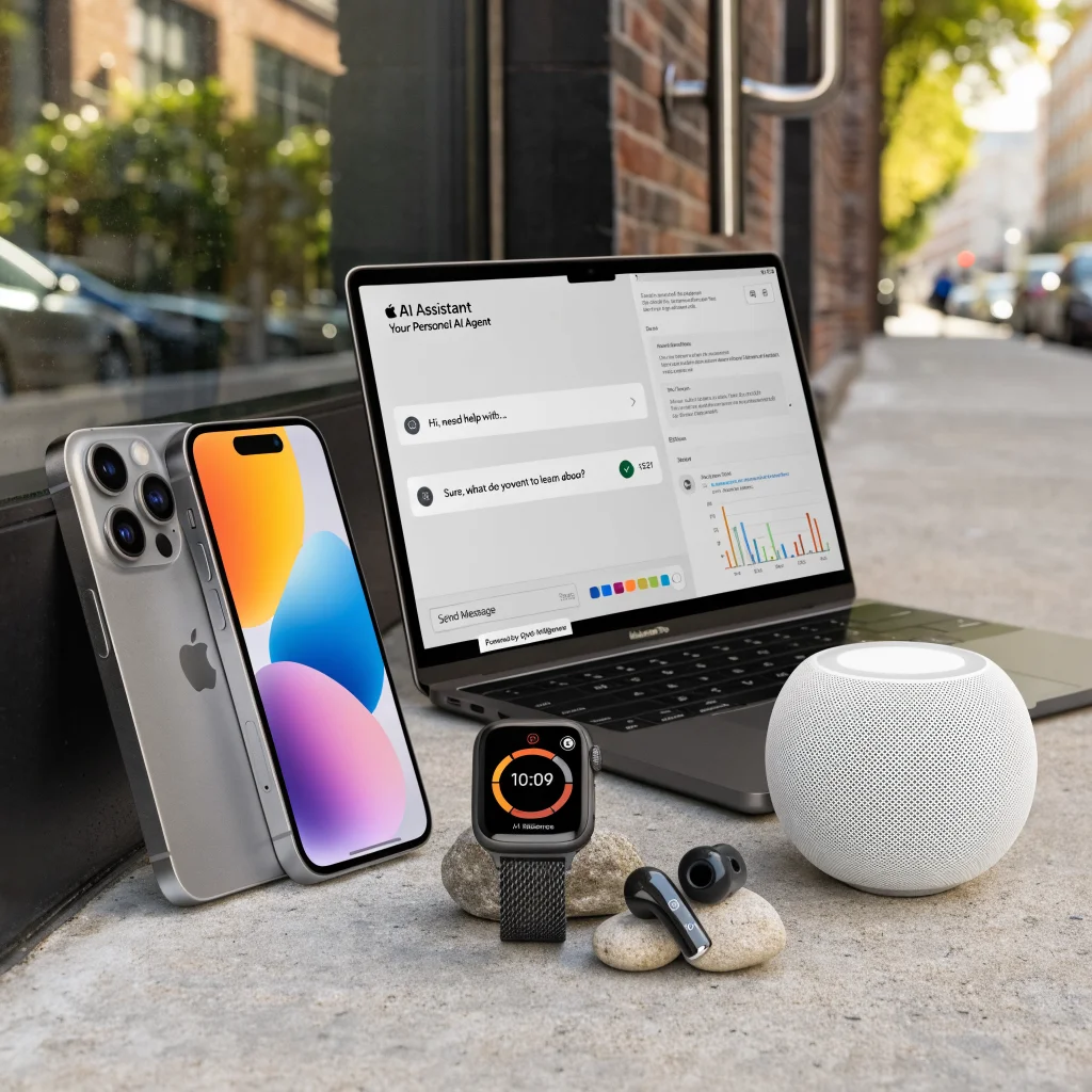 A realistic photo of the latest Apple devices including iPhone 17, MacBook Pro, Apple Watch, AirPods Pro, and HomePod mini showcasing AI integration.