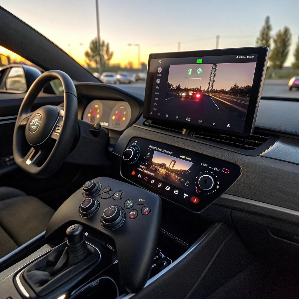 A realistic photo of a car dashboard showing Android Automotive OS with a game running on Android Auto during parking, featuring a gaming controller connected.