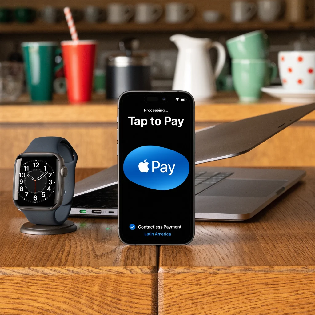 A realistic photo of an iPhone 17 displaying Apple Tap to Pay processing a contactless payment in Latin America, surrounded by Apple Watch Series 11 and MacBook Pro.