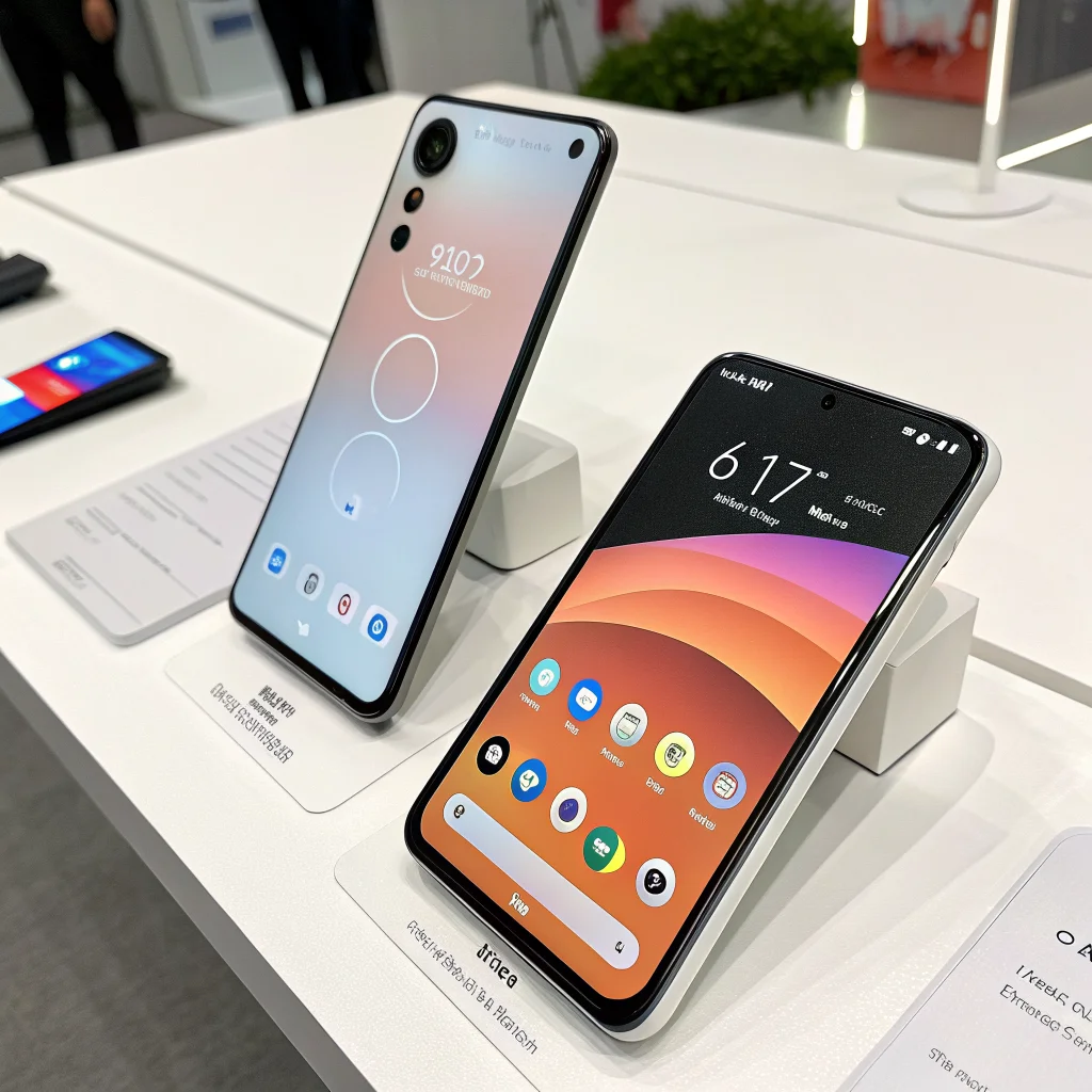 A realistic photo of Nothing Phone 3 and Nothing Phone 4a Pro smartphones showcasing their AMOLED displays, Snapdragon 8s Gen 4 chip, and Glyph Interface on a promotional table.