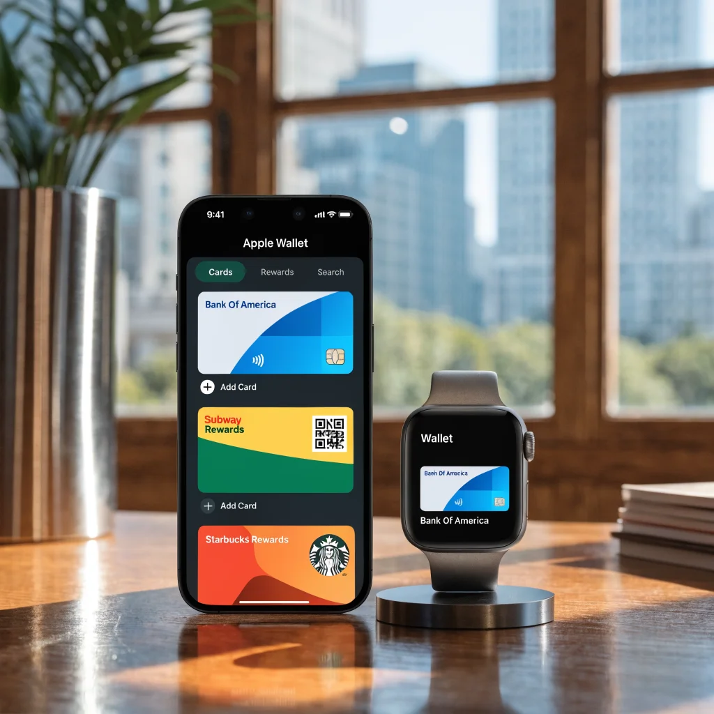 Realistic photo of an iPhone 17 and Apple Watch Series 11 displaying Apple Wallet on iOS 27 with third-party cards and rewards interface.