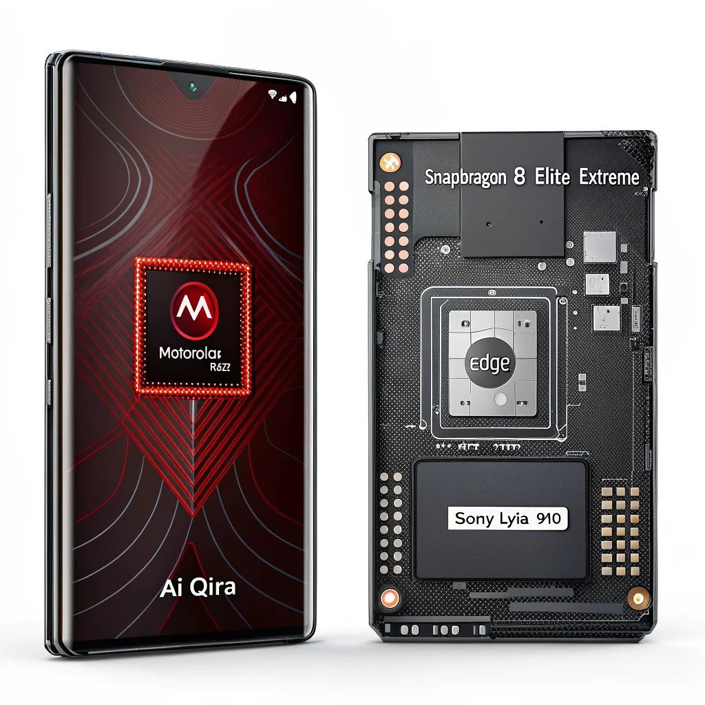 A close-up photo of a Motorola Razr and Edge smartphone highlighting the Snapdragon 8 Elite Extreme chip and Sony LYTIA 910 sensor with AI Qira interface.