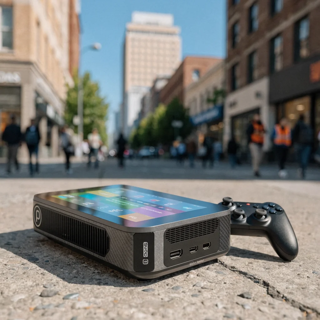 A realistic photo of a custom portable Mac mini gaming console with a touchscreen, built-in battery, and attached Switch-style controller.