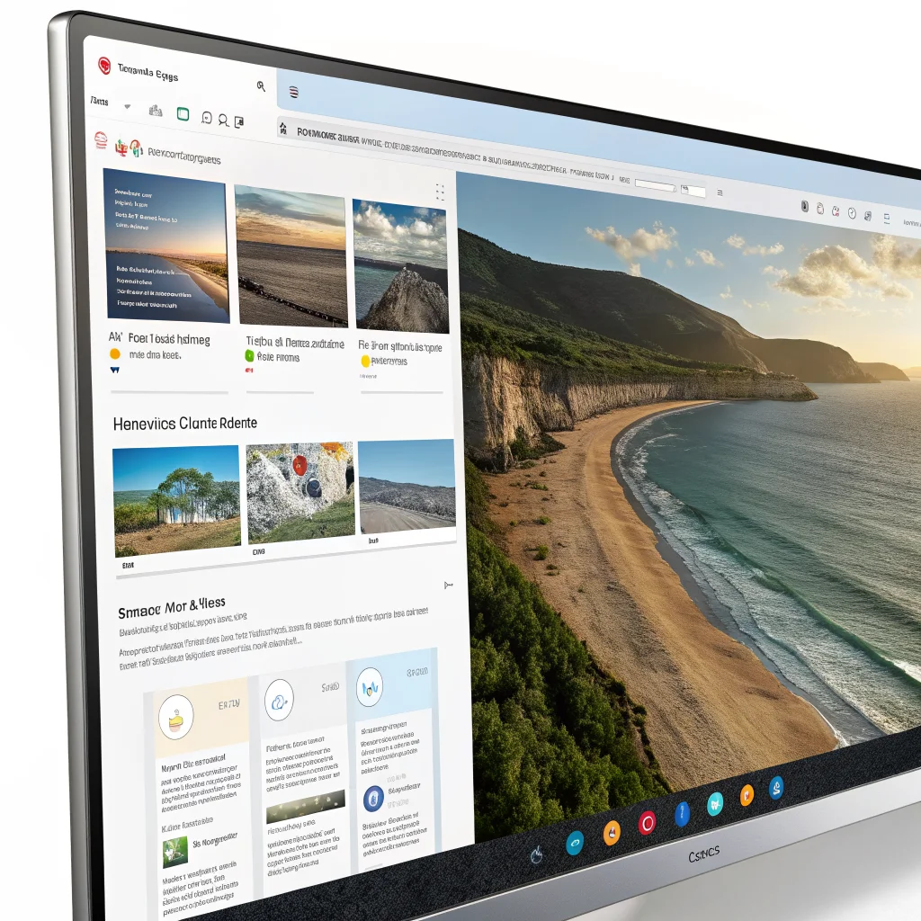 A realistic photo of a computer screen displaying Google Chrome with vertical tabs, split view, immersive reading mode, and organized tab groups enhancing productivity.