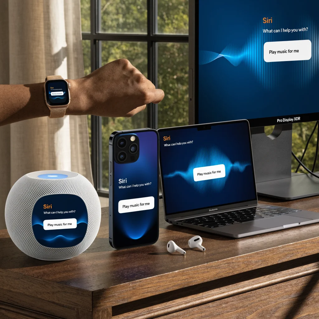 A realistic photo of Apple devices including HomePod mini, iPhone 17, Apple Watch Series 11, AirPods Pro, MacBook Neo, and a Pro Display XDR with Siri interface on screen.
