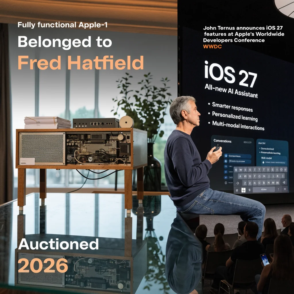 A rare, fully functional Apple-1 computer owned by Fred Hatfield is showcased at a 2026 auction alongside Apple CEO John Ternus announcing iOS 27 features at WWDC.