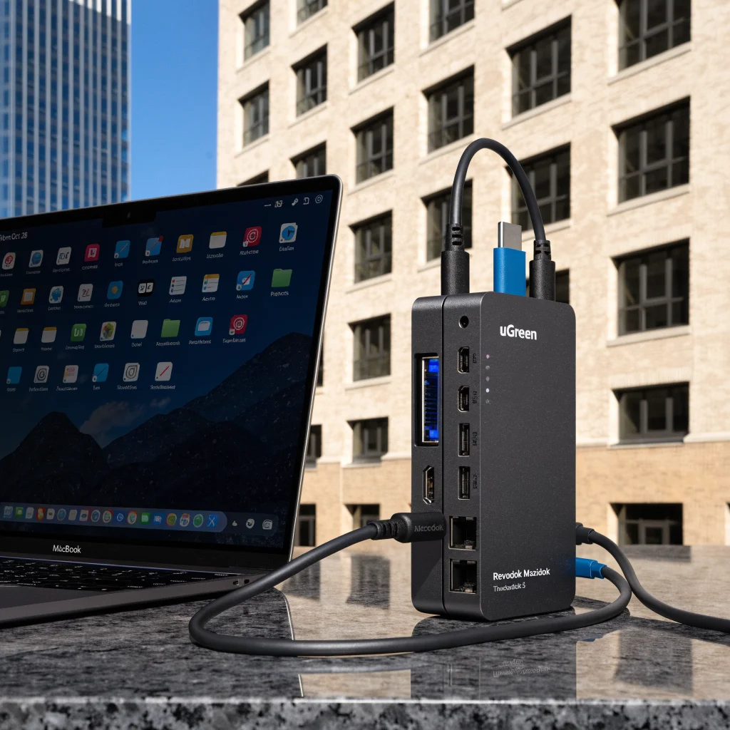 A realistic photo of the uGreen Revodok Maxidok 17-in-1 Thunderbolt 5 docking station connected to a MacBook, showcasing its ports and sleek design.