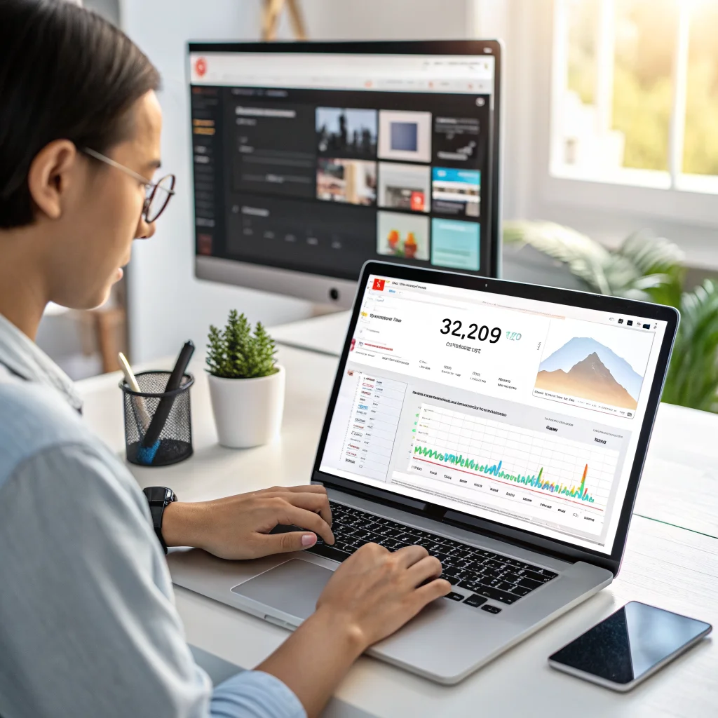 A realistic photo of a person using YouTube Studio on a laptop, analyzing A/B video test results and customizing personalized YouTube home page and content streams.