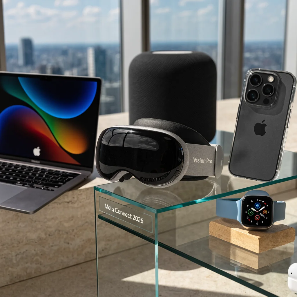 A sleek display showcasing Apple’s latest Vision Pro VR glasses, MacBook Neo, iPhone 17, Apple Watch Series 11, AirPods Pro, and HomePod with Meta Connect 2026 signage.