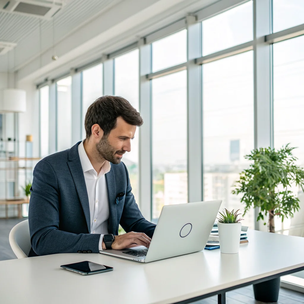 A professional working on a laptop showcasing the upgraded Gemini software integrating Airtable and Wispr AI features in a modern office setting.
