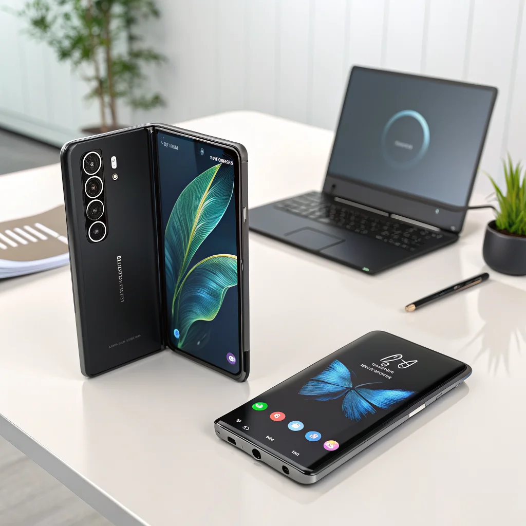 A realistic photo of a Samsung Galaxy Z Fold 8 and a Motorola smartphone side by side demonstrating advanced gesture controls and AI features in a modern tech setting.