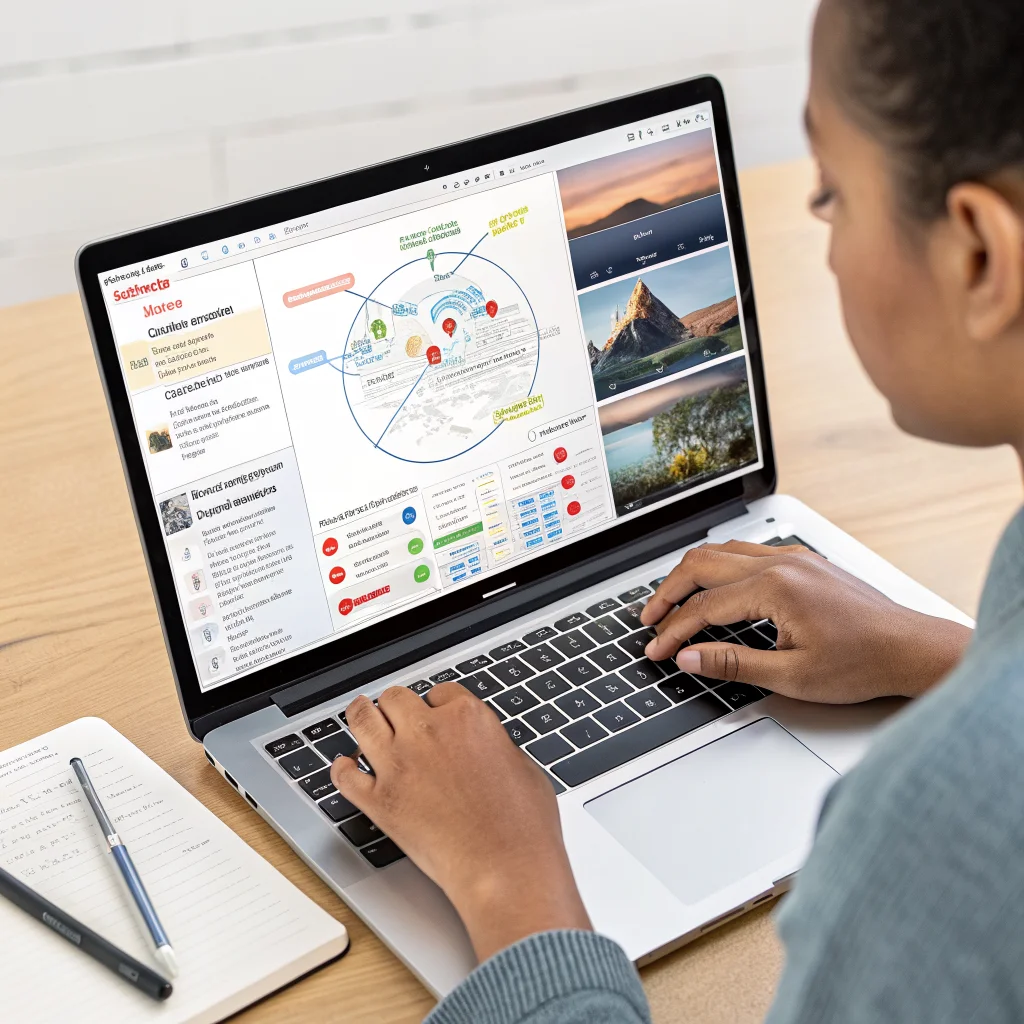 A realistic photo of a person using a Chrome extension to organize YouTube educational videos with Gemini Notebook, showing mind maps, charts, and video summaries on their laptop screen.