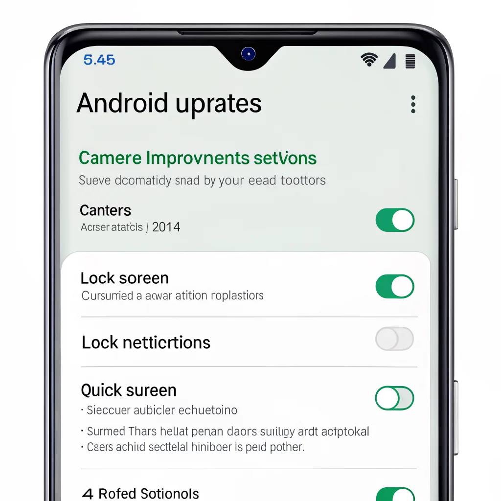 A realistic photo of a smartphone screen displaying Android update settings, highlighting camera improvements, lock screen notifications, and quick settings customization.