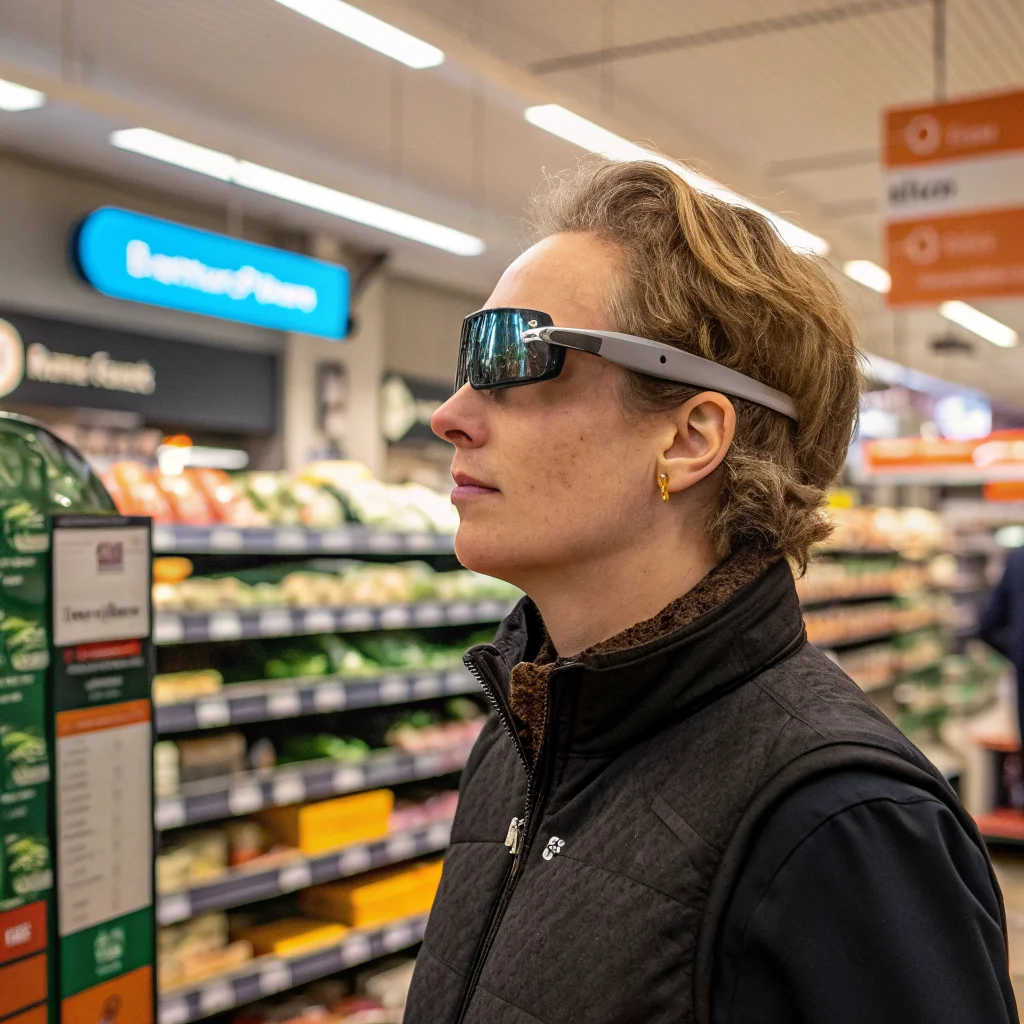 A realistic photo of a person shopping at an Albert Heijn supermarket in Amsterdam using Ray-Ban Meta Gemini smart glasses with AI features like location recognition and text translation.