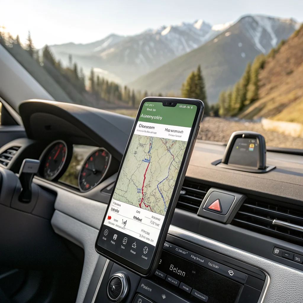 A smartphone displaying the Organic Maps app providing offline hiking and cycling navigation with voice guidance through Android Auto in a car interior.