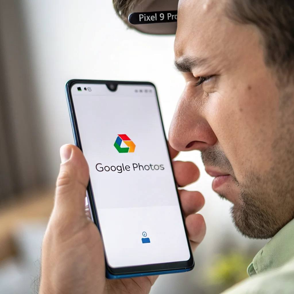 A close-up photo of a frustrated Pixel 9 Pro user troubleshooting Google Photos app errors on their smartphone screen.