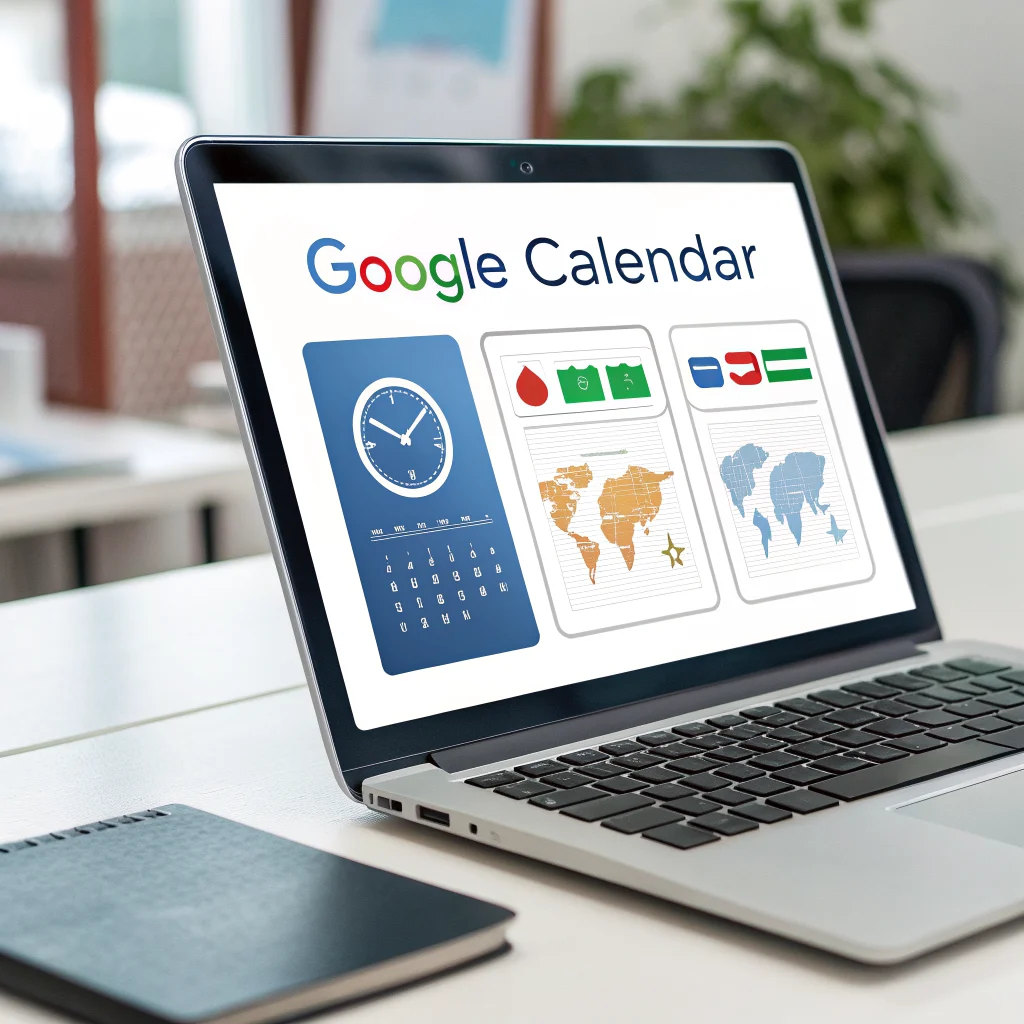 A realistic photo of a laptop screen displaying Google Calendar's new triple time zone feature with labeled zones for efficient international meeting scheduling in 2026.