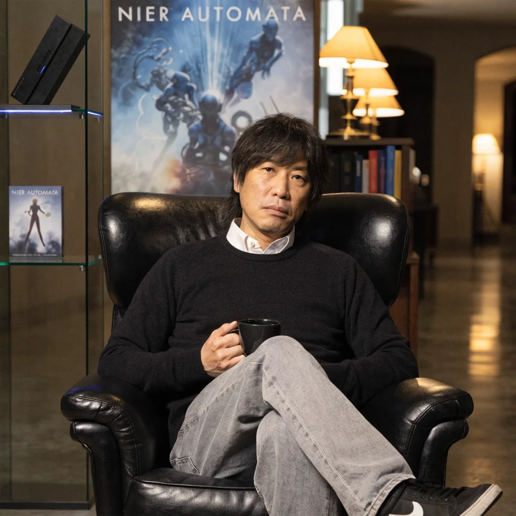 A realistic photo of Yoko Taro discussing the philosophical themes of Nier Automata, with PlayStation 4 console and game artwork in the background.