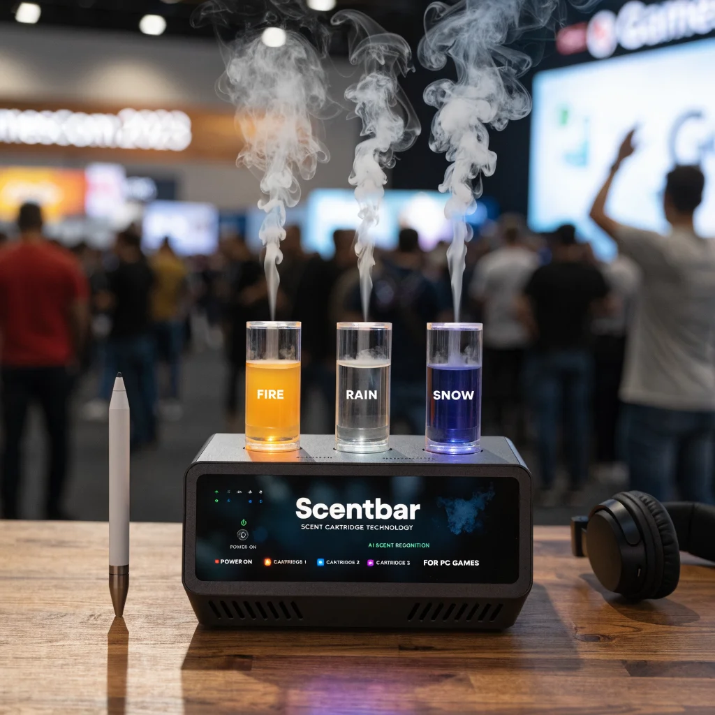 A realistic photo of a Scentbar device emitting game-related fragrances at Gamescom 2023, showcasing scent cartridge technology and AI scent recognition for PC games.