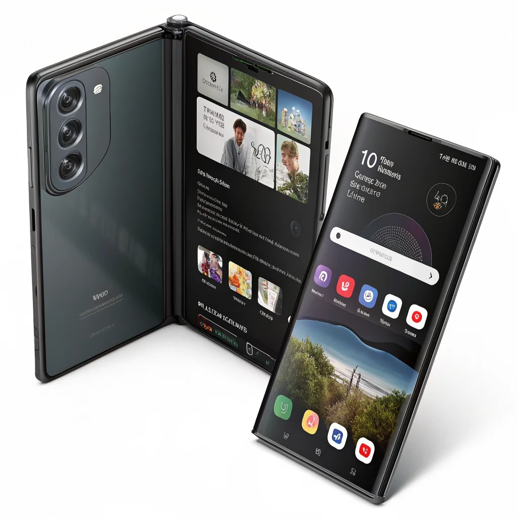 Realistic photo of a Samsung Galaxy Z Fold 8 Ultra unfolded in Flex Mode, highlighting its 10:9 screen ratio and zoom camera during multitasking.