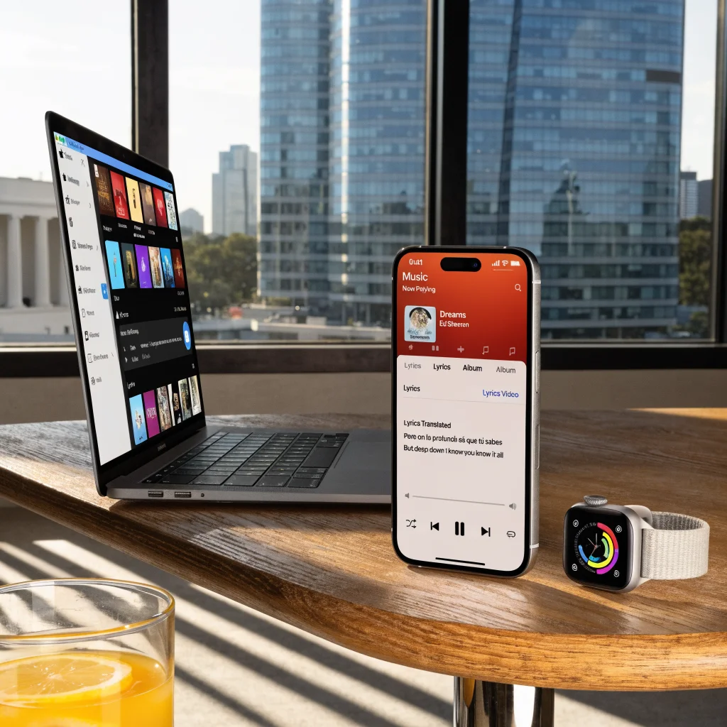 A realistic photo of an iPhone displaying Apple Music with translated lyrics, alongside an Apple Watch Series 11 and a MacBook Neo on a modern desk, showcasing Apple’s latest iOS 26 features.