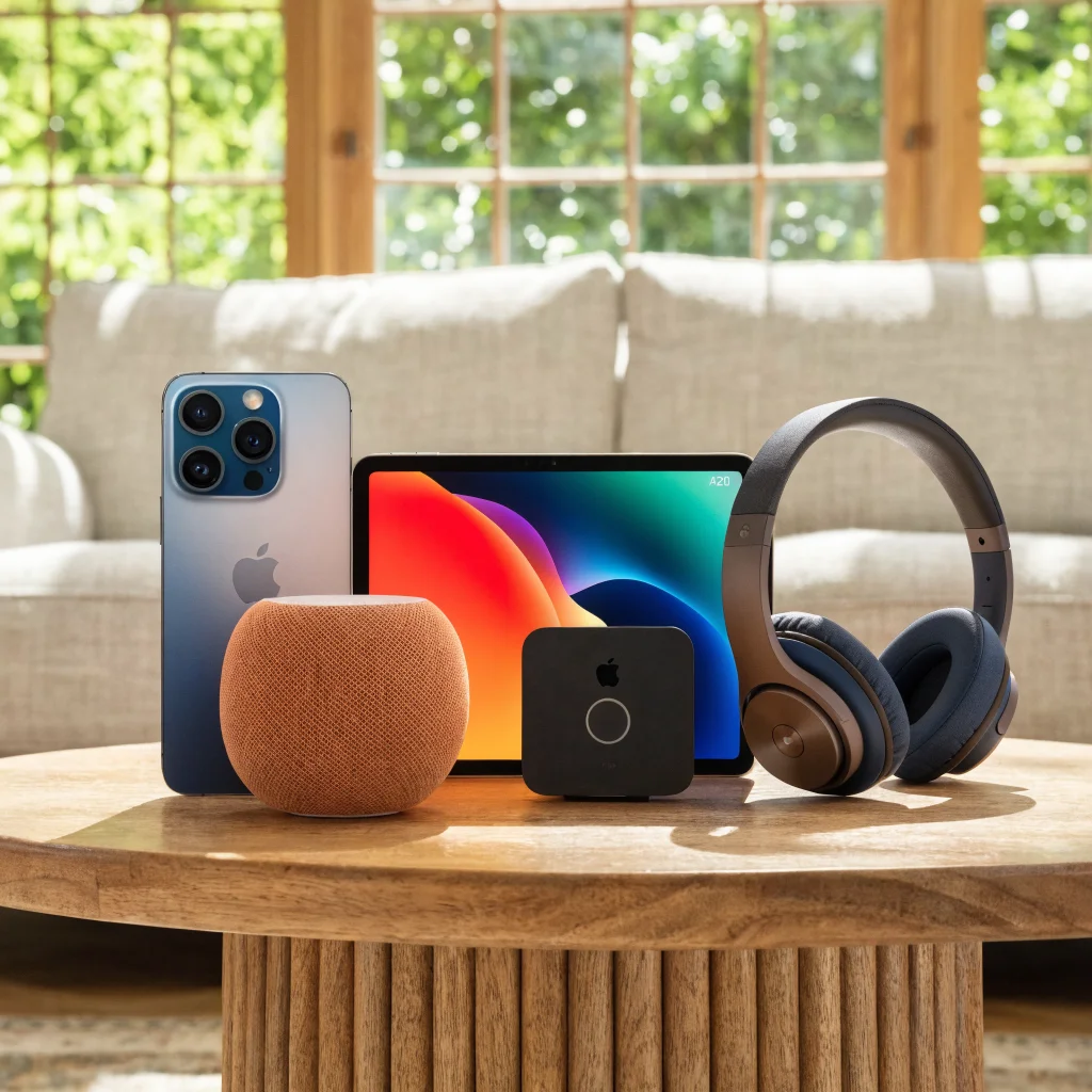 A realistic photo of the newest Apple products lineup including iPhone 18 Pro, iPad Mini A20 Pro, HomePod mini in new colors, Apple TV 4K 4th gen, and Beats 360 headphones on a modern wooden table.