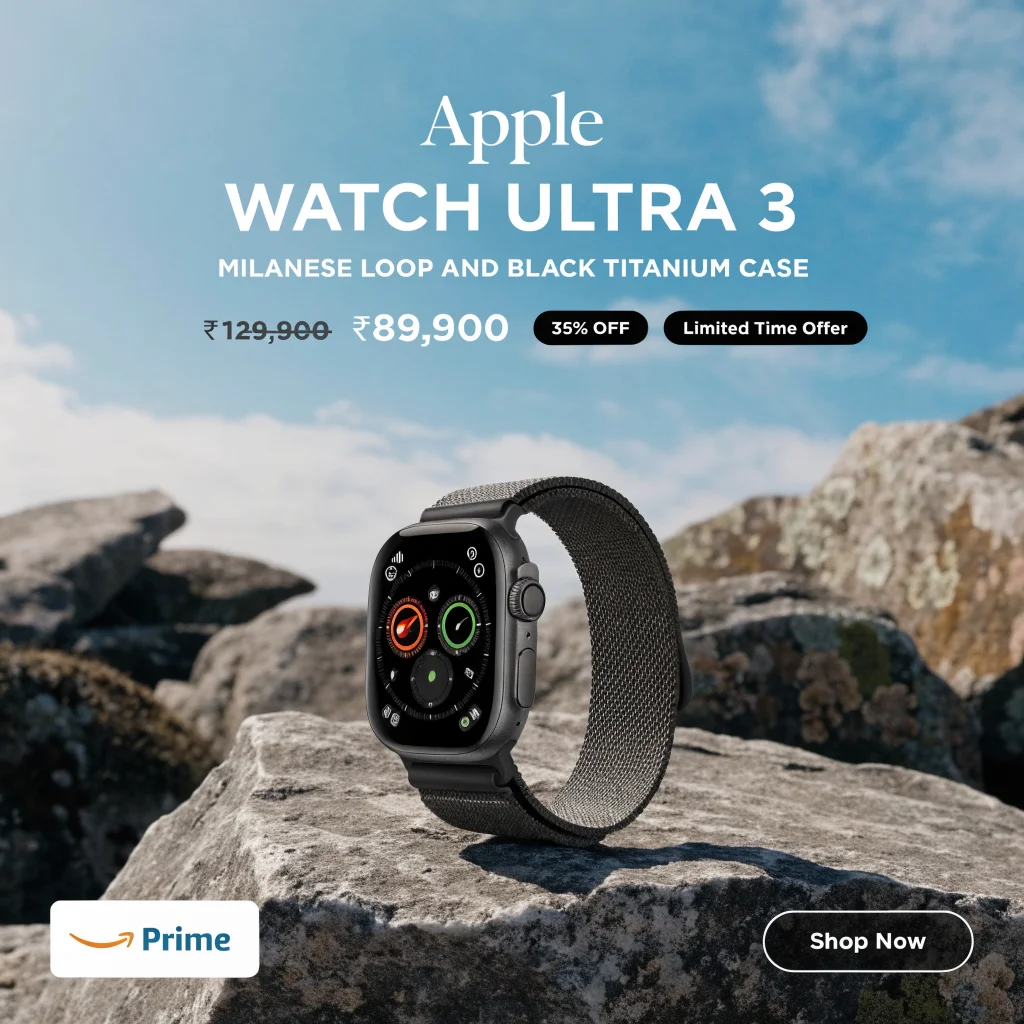 A realistic photo of an Apple Watch Ultra 3 with a Milanese Loop and Black Titanium Case displayed on Amazon with discount tags.