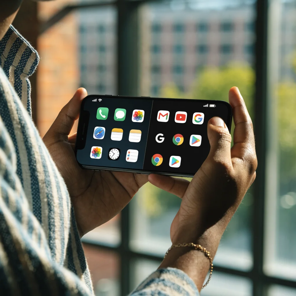 A realistic photo of a smartphone displaying popular iOS and Android apps side by side, symbolizing the transition from iOS to Android.