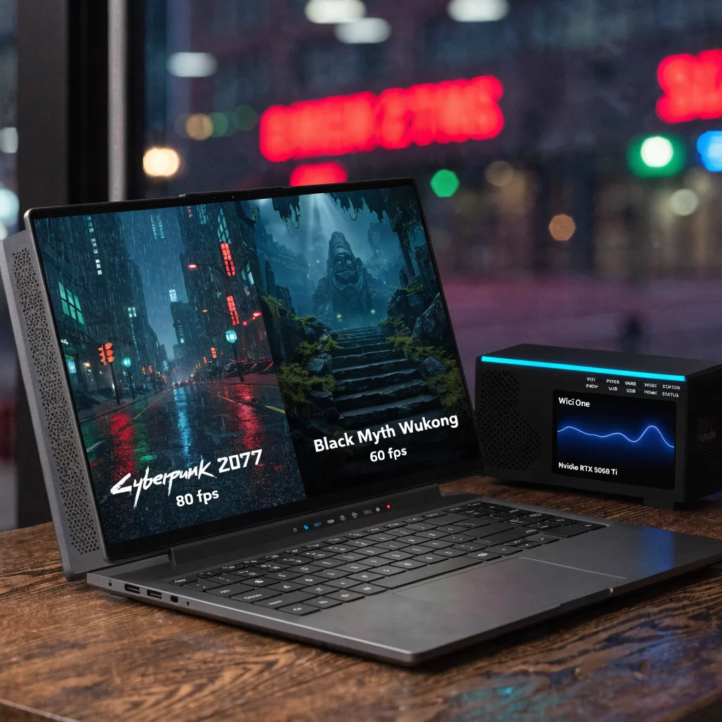 A cutting-edge wireless gaming laptop with WiCi One external GPU featuring Nvidia RTX 5060 Ti, Wi-Fi 7, running Cyberpunk 2077 at 80 fps and Black Myth Wukong at 60 fps.