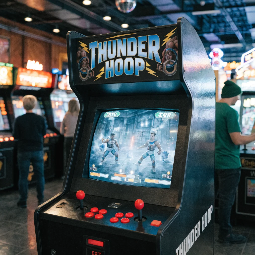 A realistic photo of the 1990s arcade game Thunder Hoop by Gaelco, showing cooperative mutant battles on a classic arcade cabinet screen.