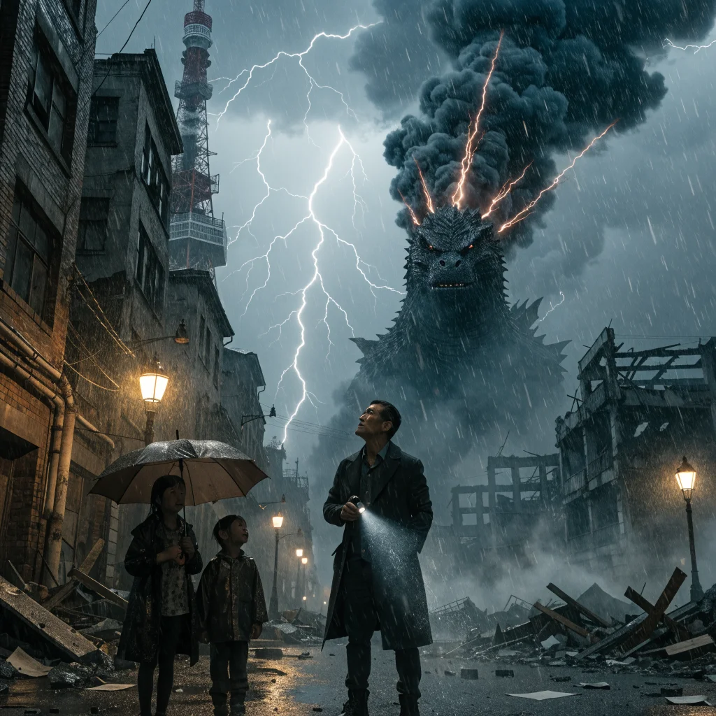 A dramatic photo of the Shikishima family facing Tokyo's post-war destruction with Koichi as the heroic leader in a scientific monster battle from the 2026 Godzilla Minus Zero film.