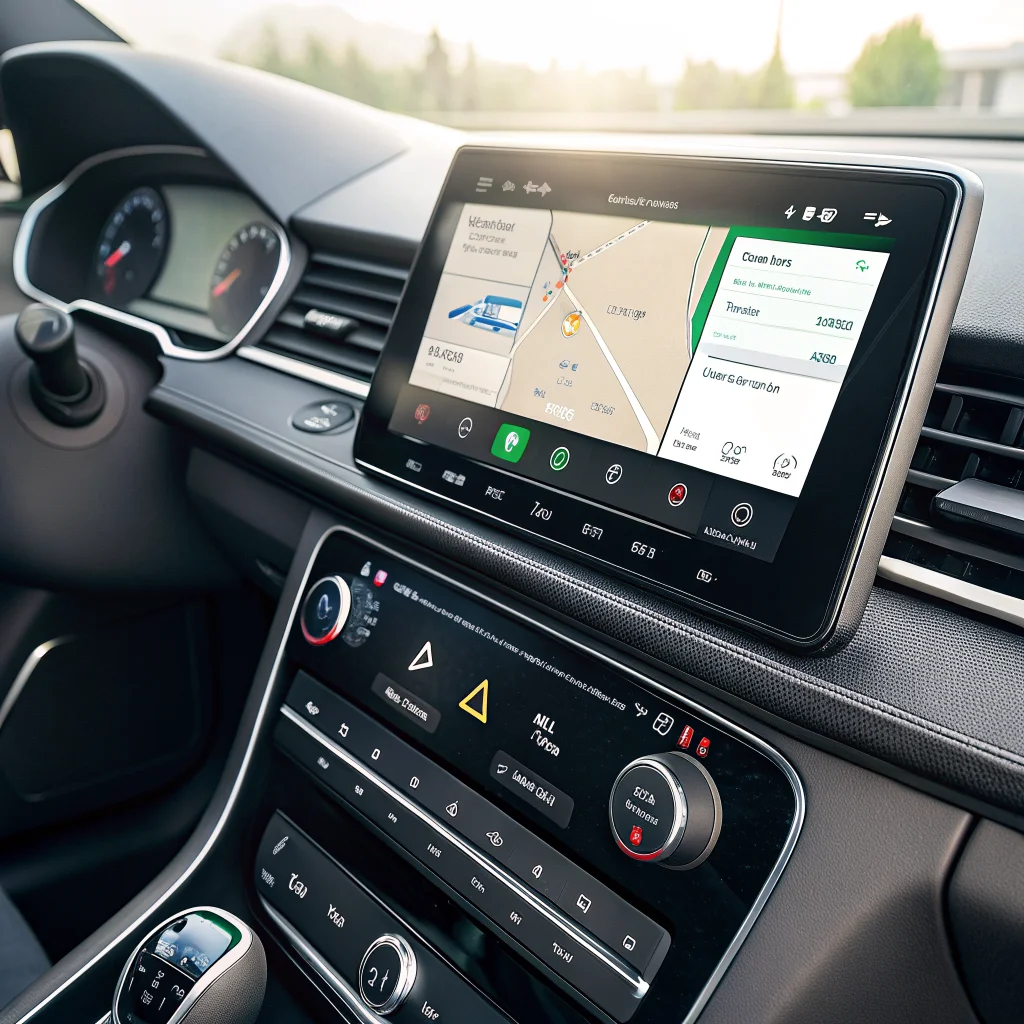 A close-up of a car dashboard screen displaying Android Auto interface with navigation and music controls in use.