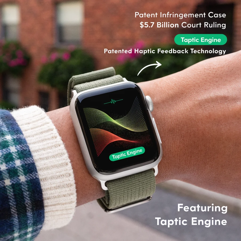 A close-up photo of an Apple Watch showcasing the Taptic Engine technology, symbolizing a $5.7 billion patent infringement court ruling.