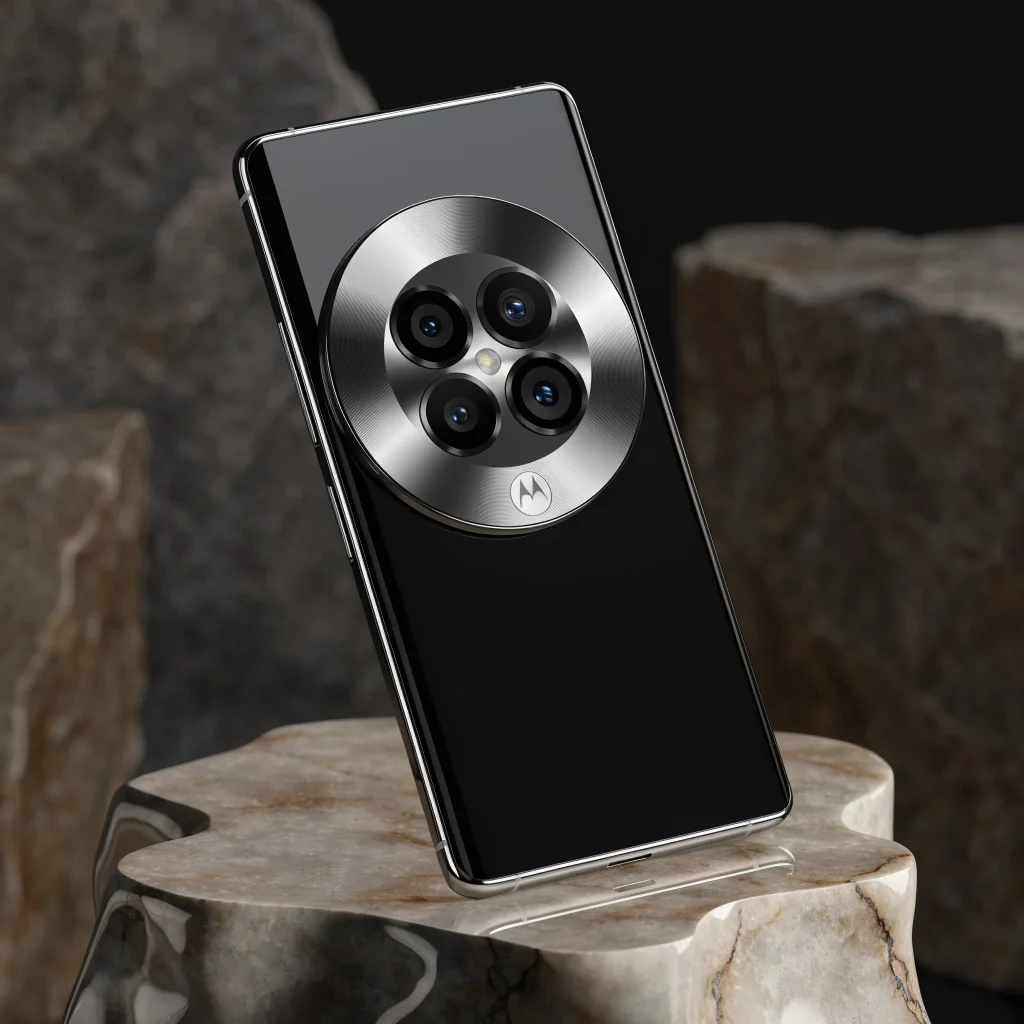 A close-up photo of the Motorola Signature 27 smartphone showcasing its premium camera and sleek design, set against an elegant backdrop highlighting its flagship status.