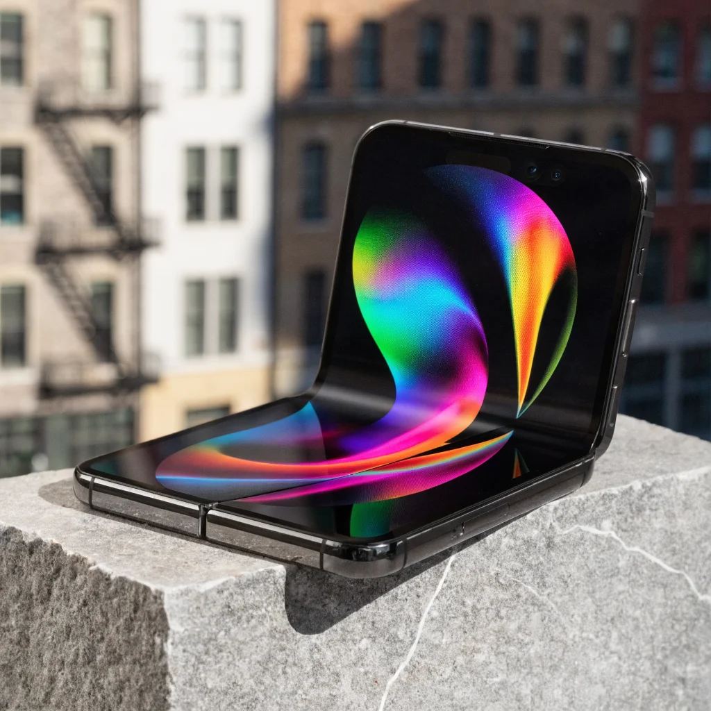 Close-up photo of an iPhone Duo foldable smartphone showcasing its nano-textured foldable screen and visible crease, highlighting its durable design and innovative screen technology.