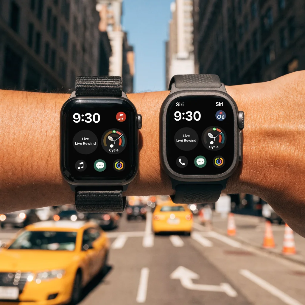 A realistic photo of Apple Watch Series 12 and Apple Watch Ultra 4 displaying the new watchOS 27 Siri Modular face with Live Rewind and Cycle Tracking features.