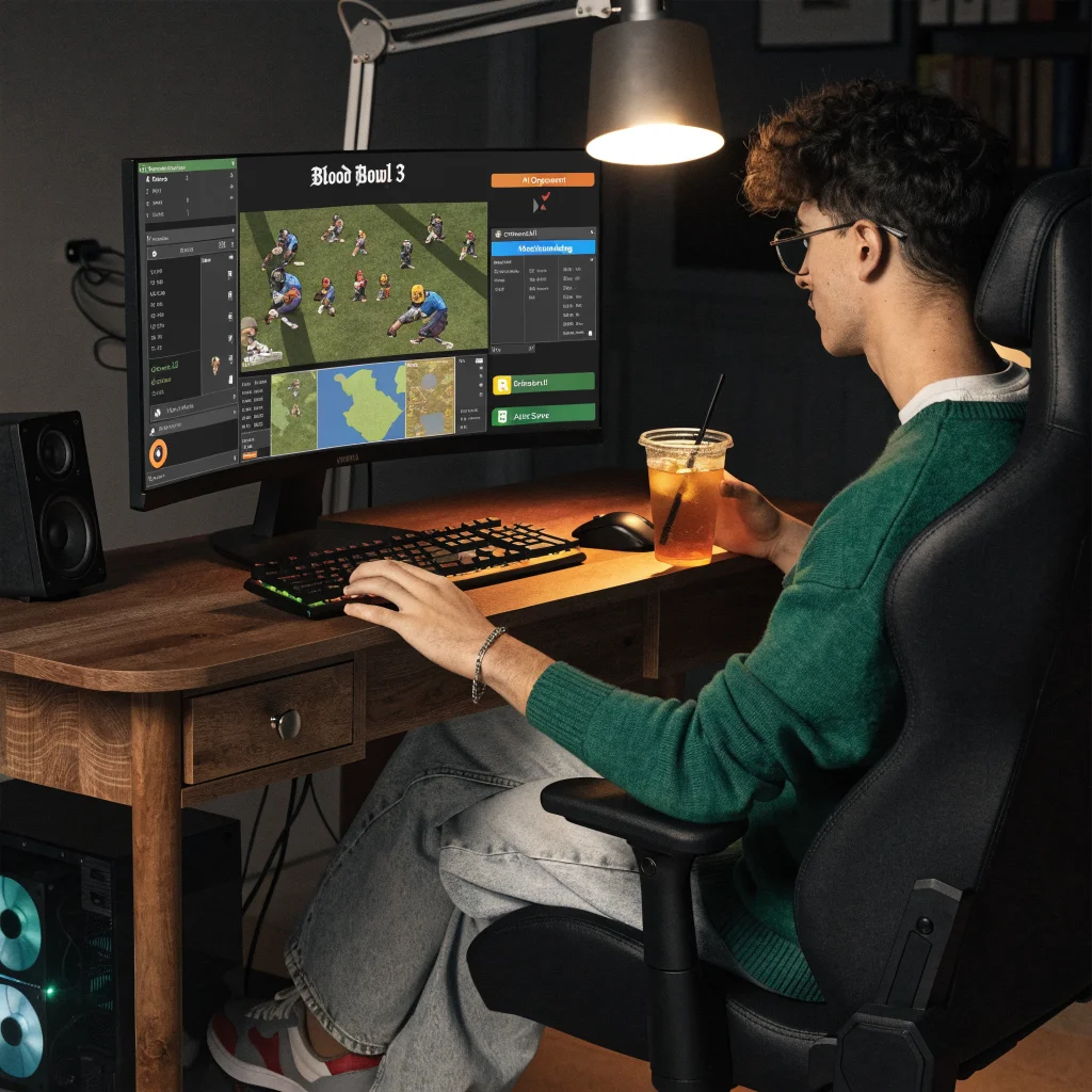 A realistic photo of a gamer playing Blood Bowl 3 on a high-tech computer, focusing on enhanced UI and AI features displayed on the screen.