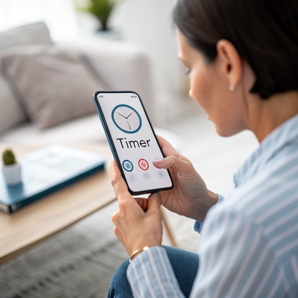 A realistic photo of a person using a smartphone with a digital timer app to consciously reduce screen time and avoid endless social media scrolling for mental wellness.