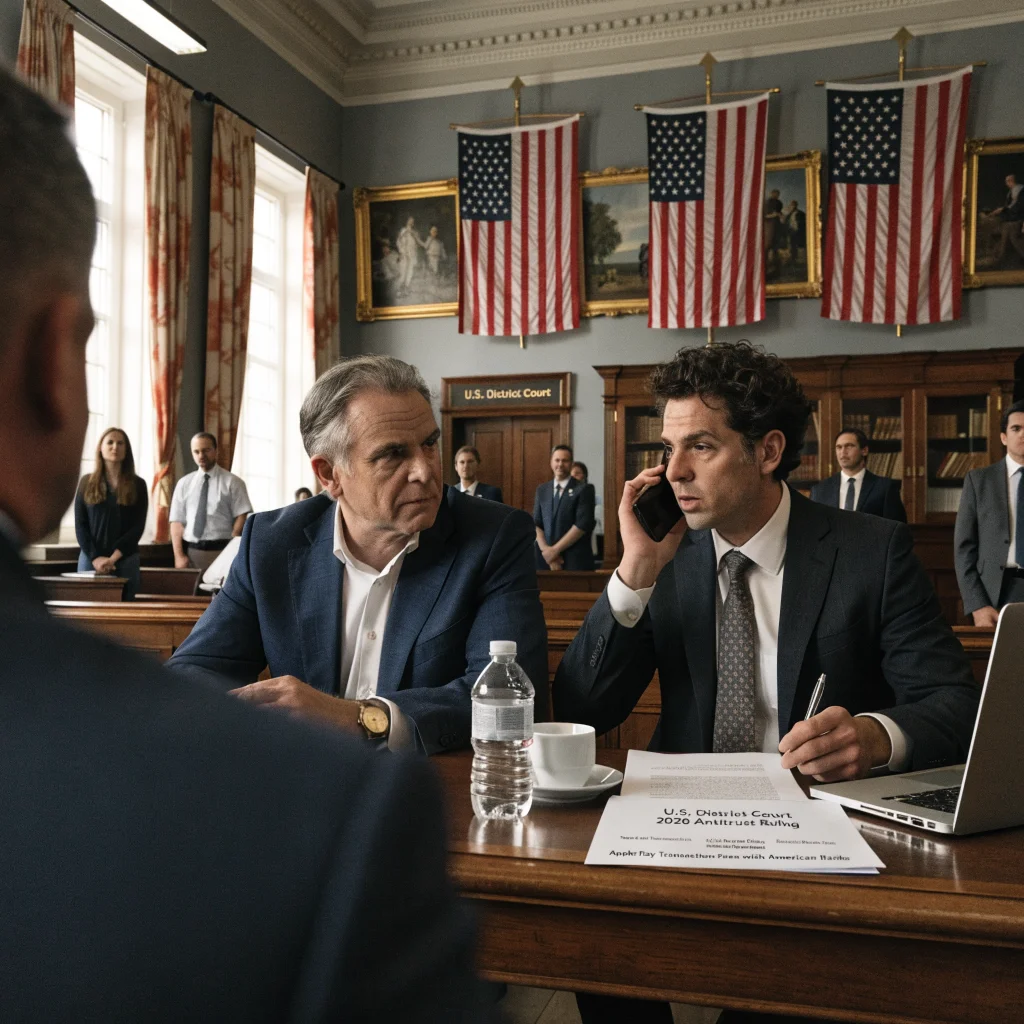 A courtroom scene showing Apple executives discussing the 2026 antitrust ruling impacting Apple Pay transaction fees with American banks.