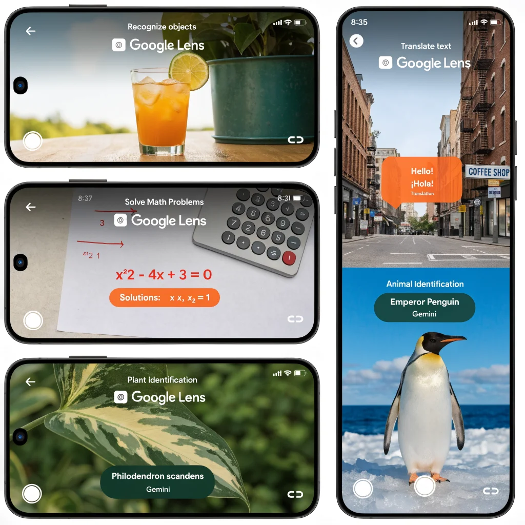 A smartphone camera using Google Lens to recognize images, translate text, solve math problems, and identify plants and animals with Gemini integration.