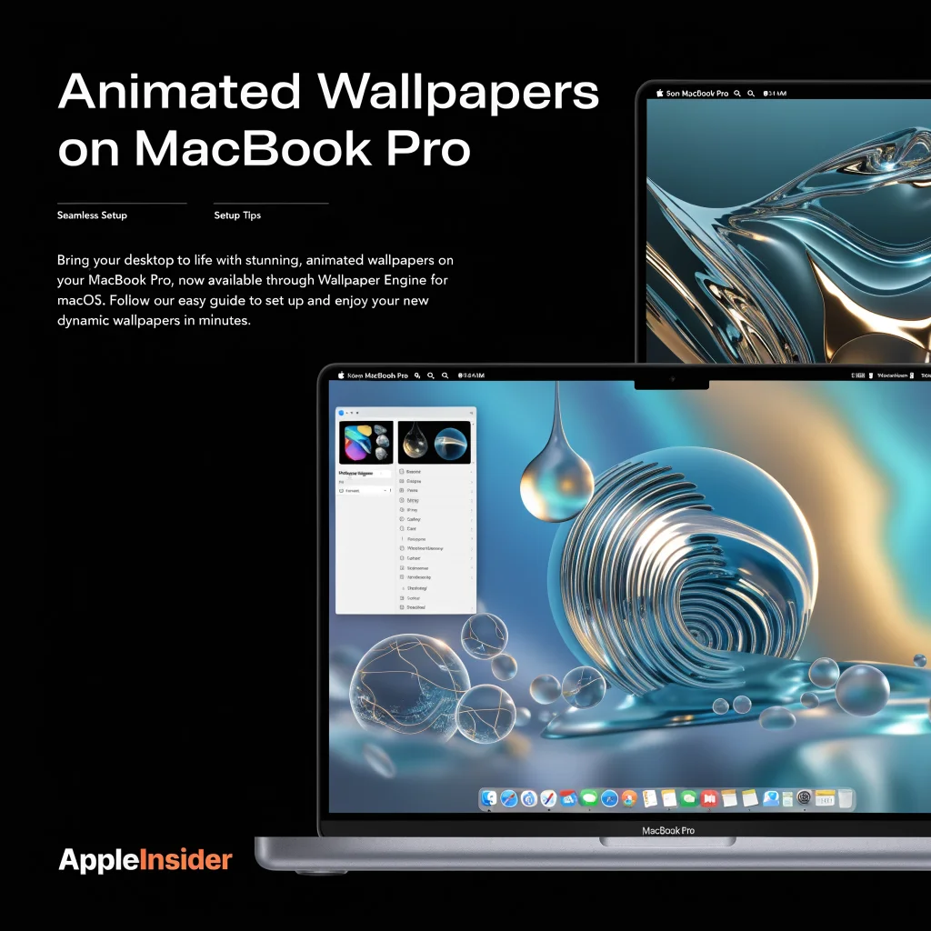 A MacBook Pro displaying animated wallpapers using Wallpaper Engine on macOS without Windows, highlighting seamless setup and usage tips from AppleInsider.